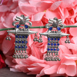 Blue Stone Studded Oxidised Earrings With Hanging Ghunghuroo