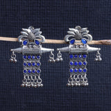 Blue Stone Studded Oxidised Earrings With Hanging Ghunghuroo