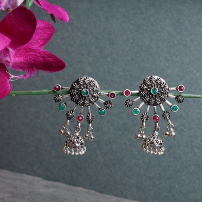 Multicolored Stone Studded Semicircular Oxidised Earrings With Hanging Jhumki