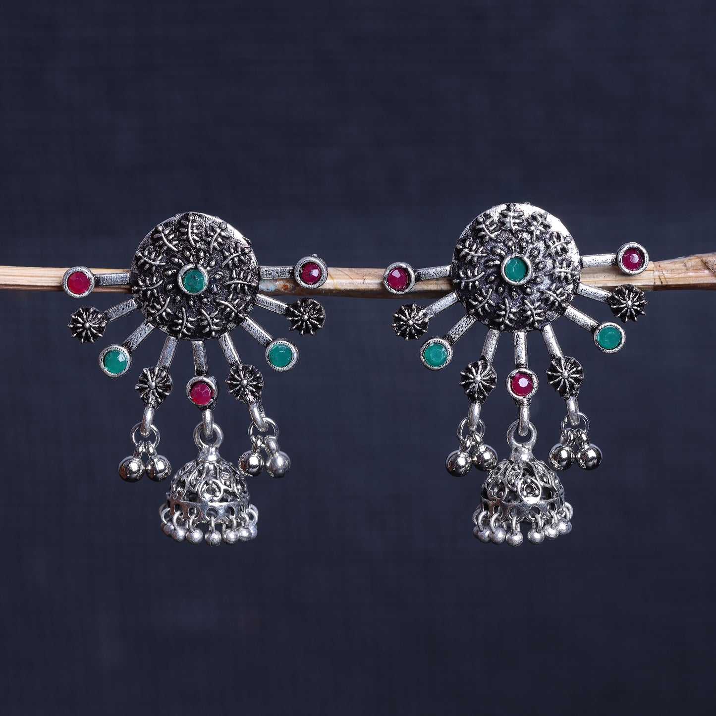 Multicolored Stone Studded Semicircular Oxidised Earrings With Hanging Jhumki