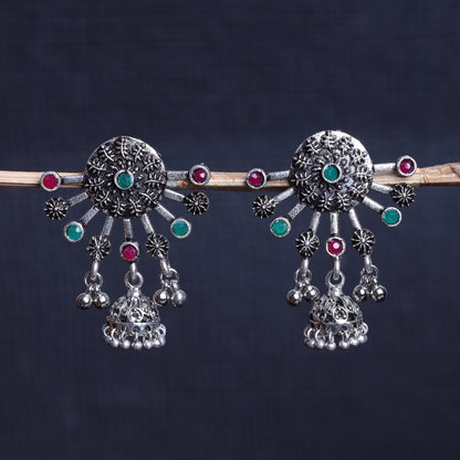 Multicolored Stone Studded Semicircular Oxidised Earrings With Hanging Jhumki