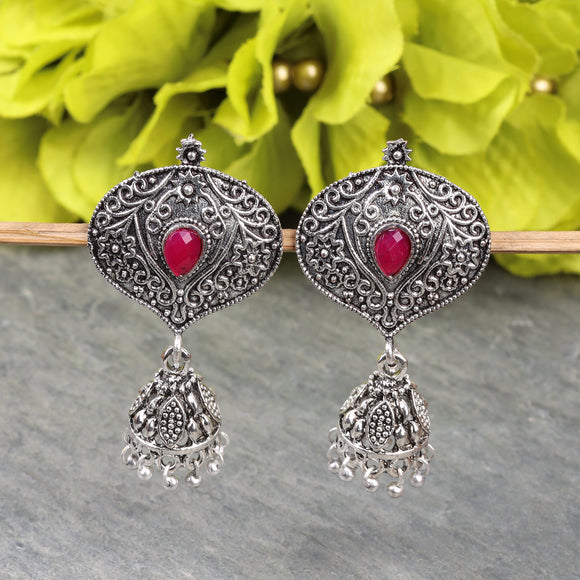 Red Stone Studded Oxidised Earrings With Hanging Jhumki