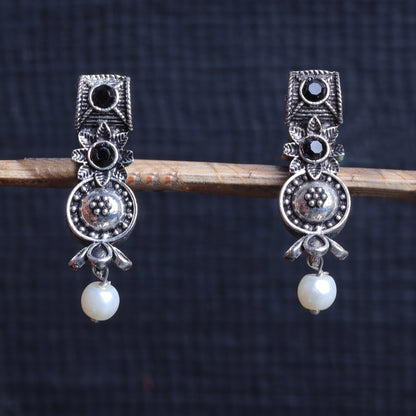 Black Stone Studded Beautiful Oxidised Studs With Hanging Pearl