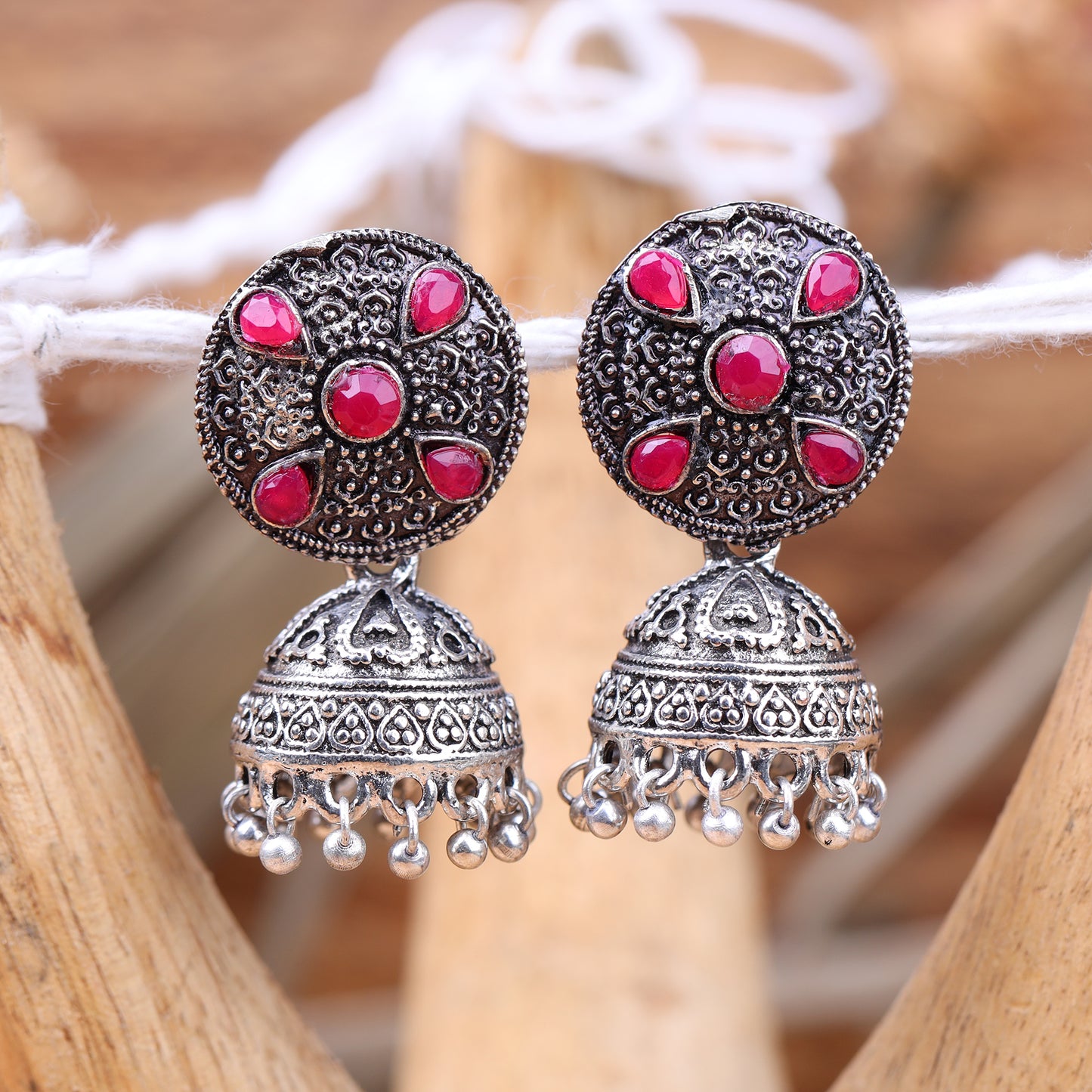 Red Stone Studded Beautiful Oxidised Earrings With Hanging Jhumki