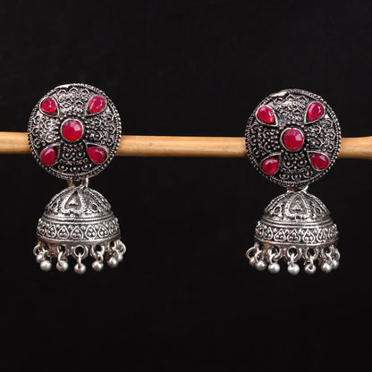 Red Stone Studded Beautiful Oxidised Earrings With Hanging Jhumki