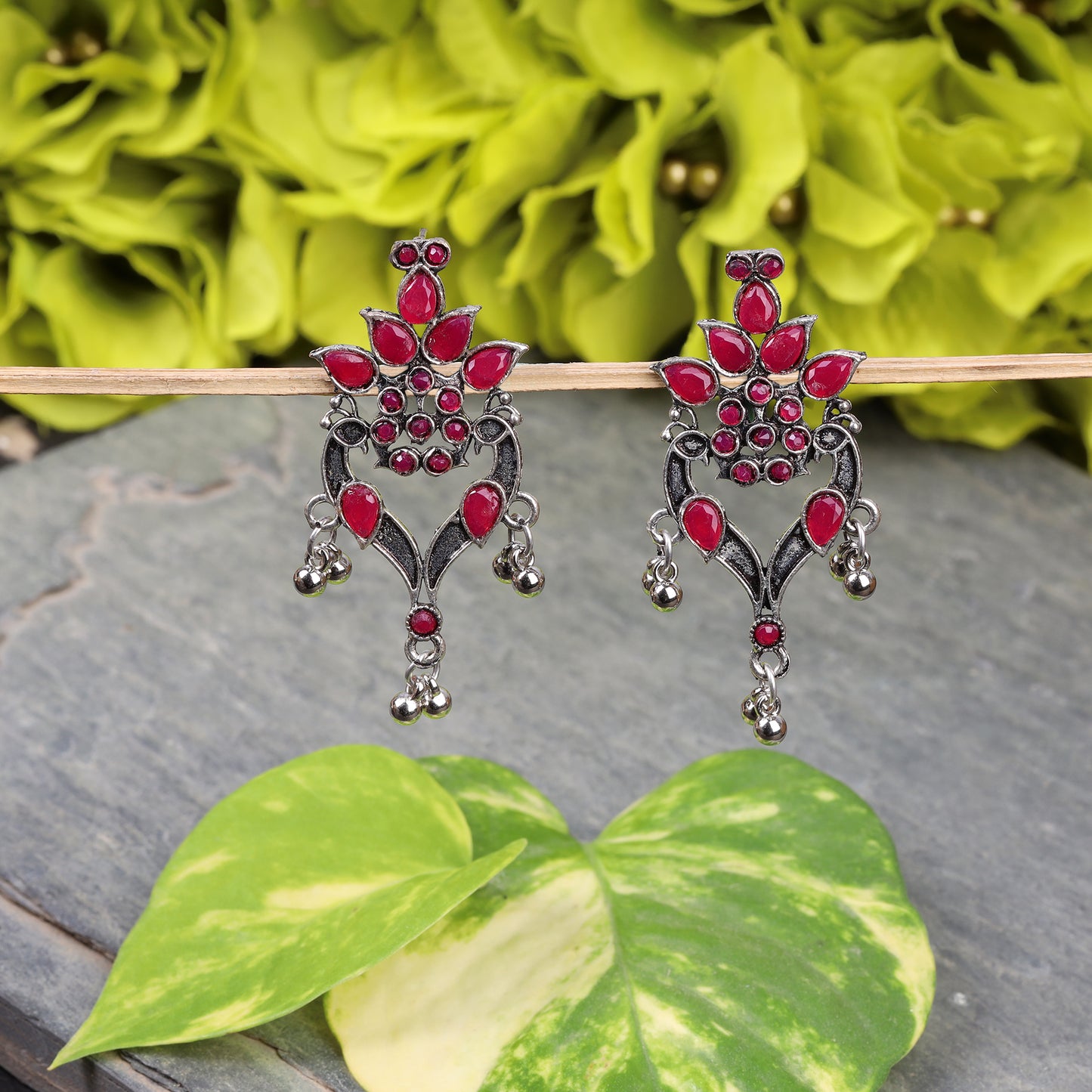 Red Stone Studded Beautiful Oxidised Danglers