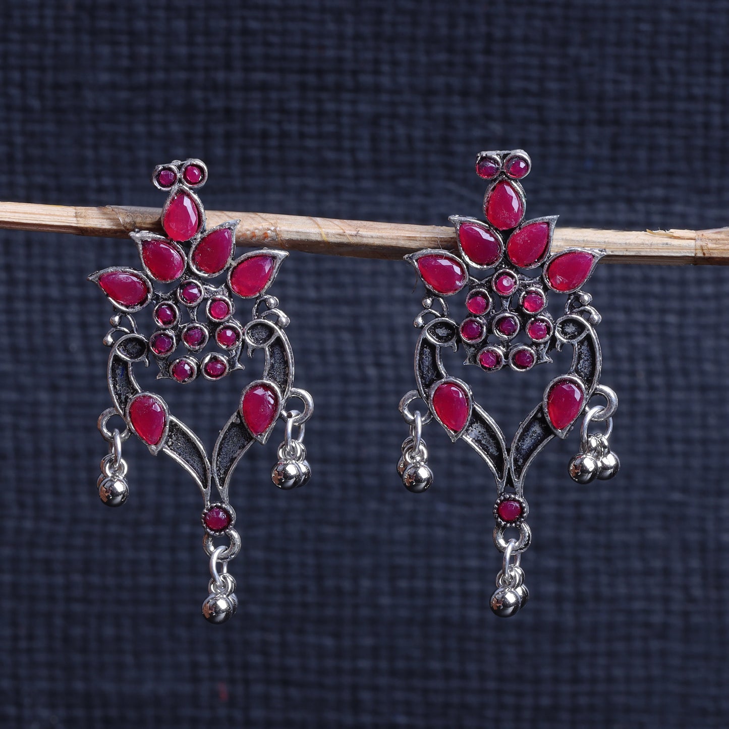 Red Stone Studded Beautiful Oxidised Danglers