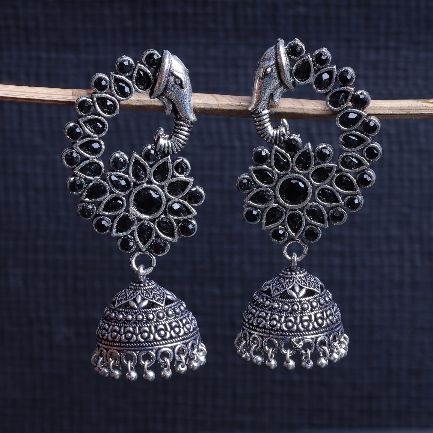 Black Stone Studded Peacock German Silver Earrings