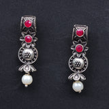 Red Stone Studded Beautiful Oxidised Studs With Hanging Pearl