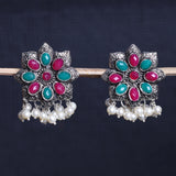 Multicolored Stone Studded Oxidised Earrings With Hanging Pearls