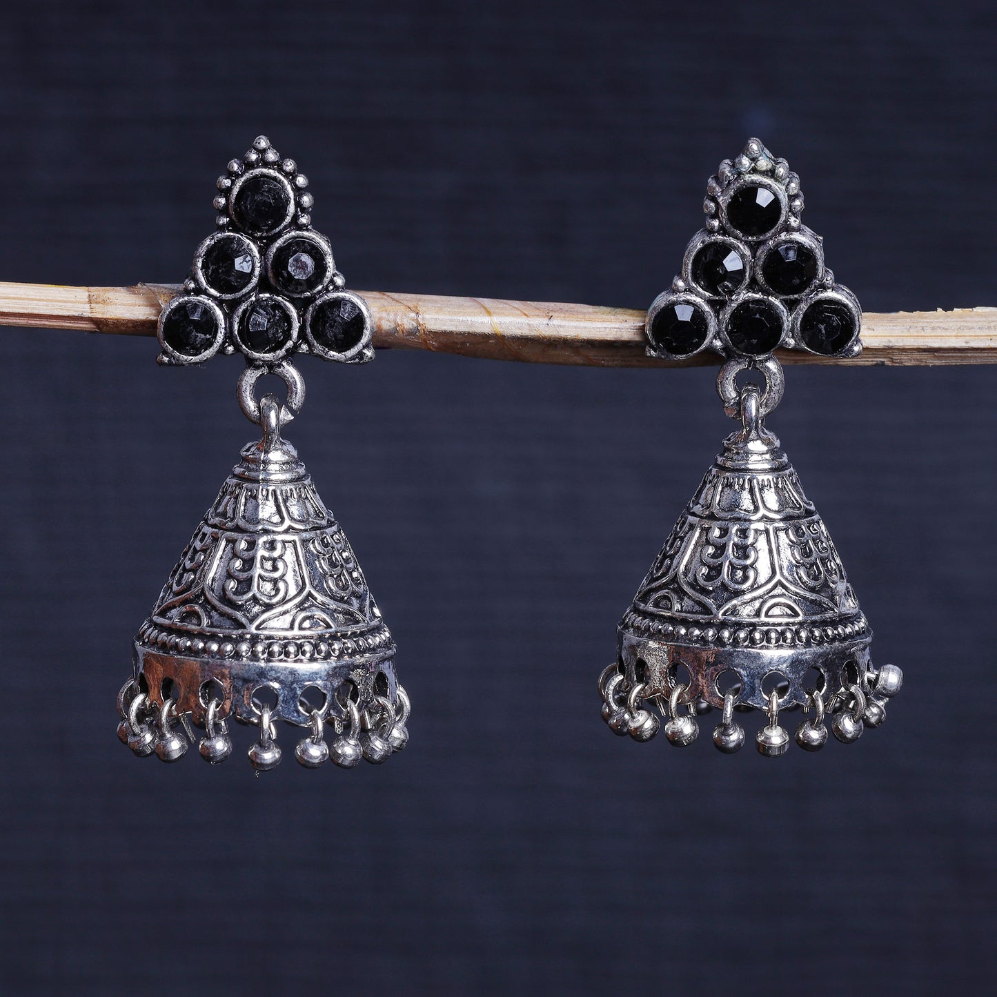 Black Stone Studded Conical Oxidised Earrings With Hanging Jhumki