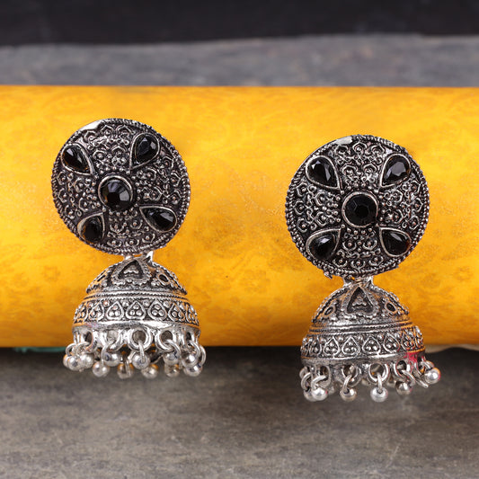 Black Stone Studded Beautiful Oxidised Earrings With Hanging Jhumki