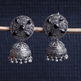 Black Stone Studded Beautiful Oxidised Earrings With Hanging Jhumki