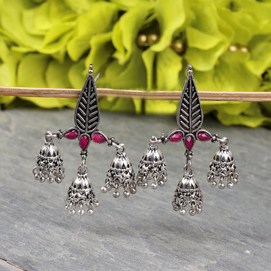 Red Stone Studded Beautiful Triangular Oxidised Earrings With Hanging Jhumkis