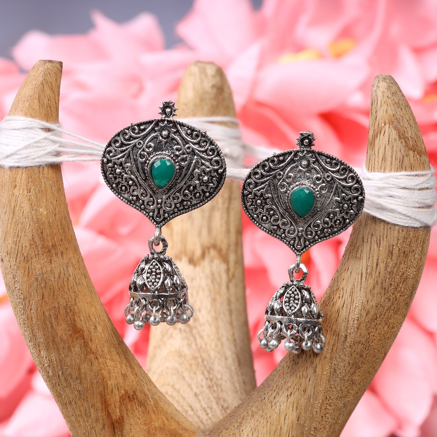 Green Stone Studded Oxidised Earrings With Hanging Jhumki