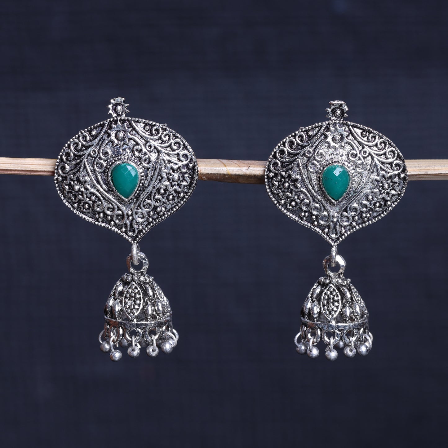 Green Stone Studded Oxidised Earrings With Hanging Jhumki