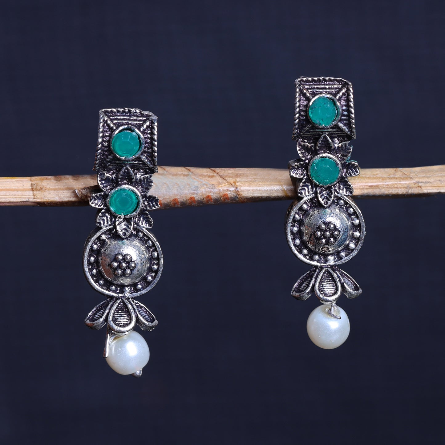 Green Stone Studded Beautiful Oxidised Studs With Hanging Pearl