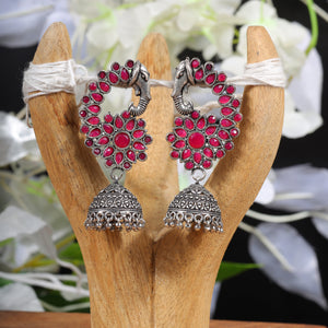 Red Stone Studded Peacock German Silver Earrings