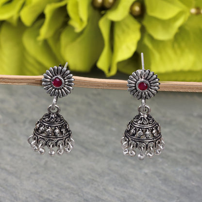 Red Stone Studded Tiny Earrings With Hanging Jhumki