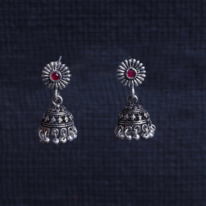 Red Stone Studded Tiny Earrings With Hanging Jhumki