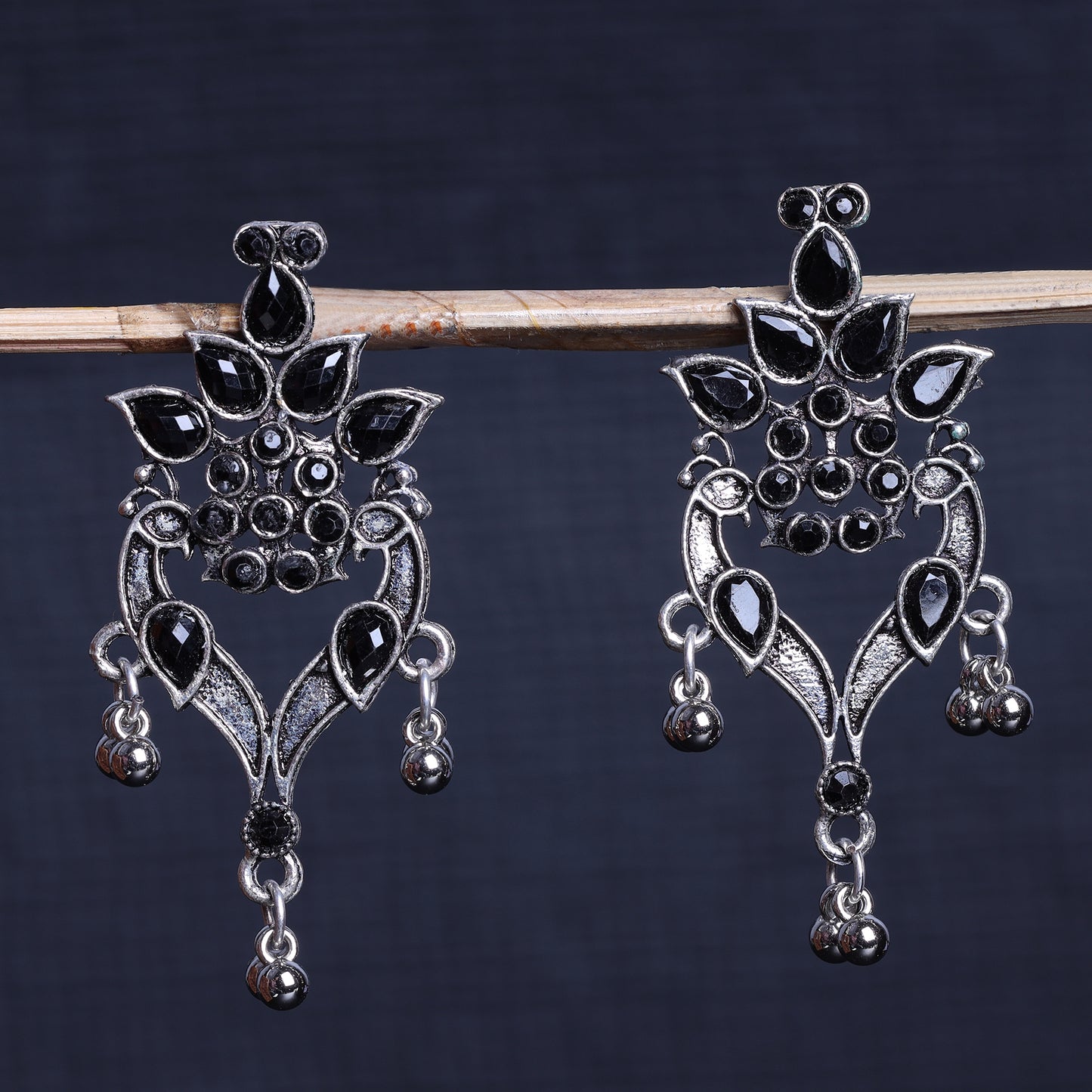 Black Stone Studded Oxidised Dangler Earrings