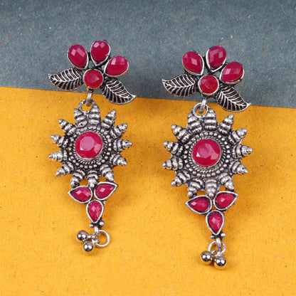 Red Stone Studded Oxidised Earrings