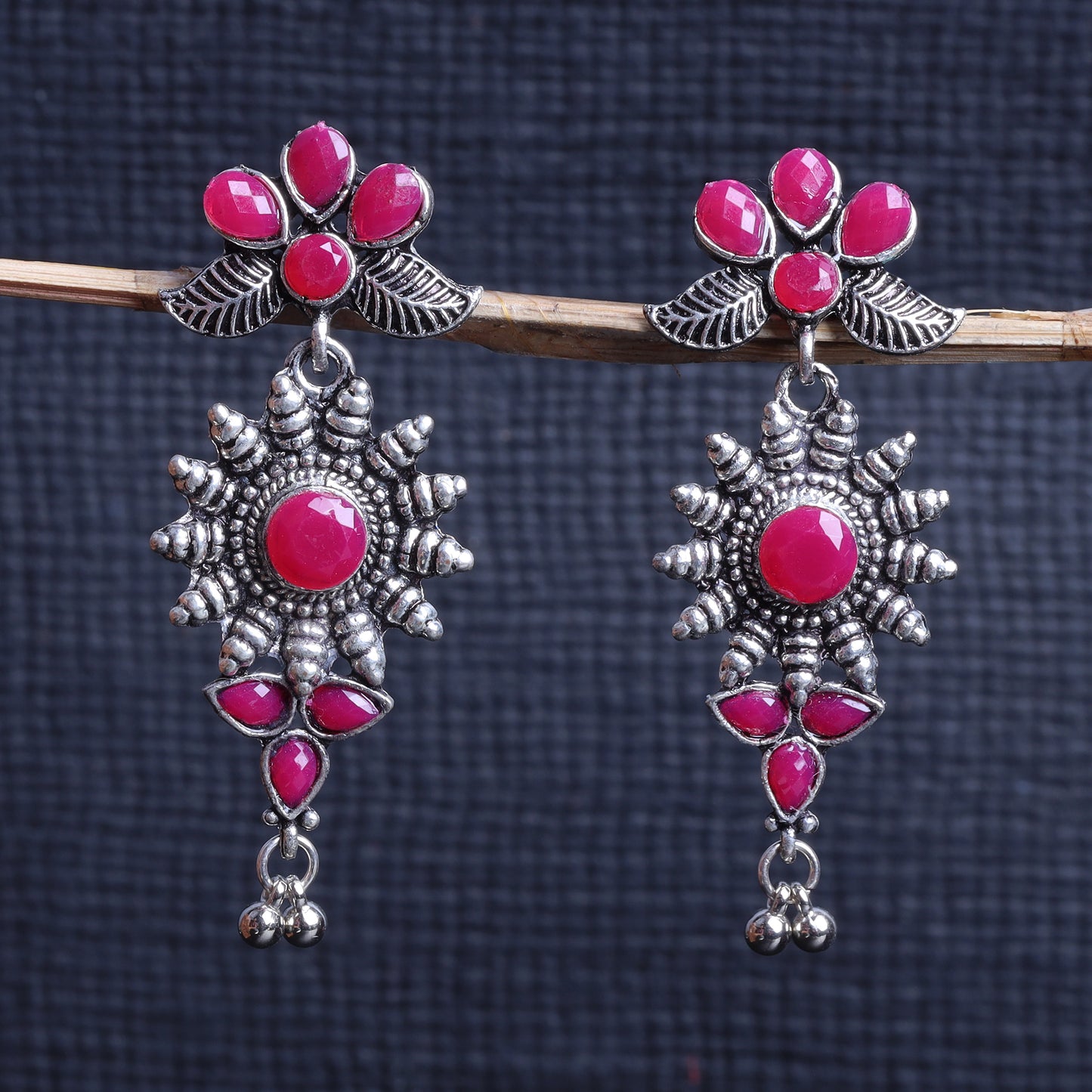 Red Stone Studded Oxidised Earrings