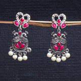 Red Stone Studded Delicate Oxidised Earrings With Hanging Pearls