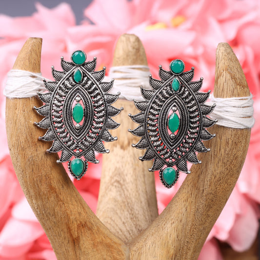 Green Stone Studded Oval Shaped Oxidised Earrings