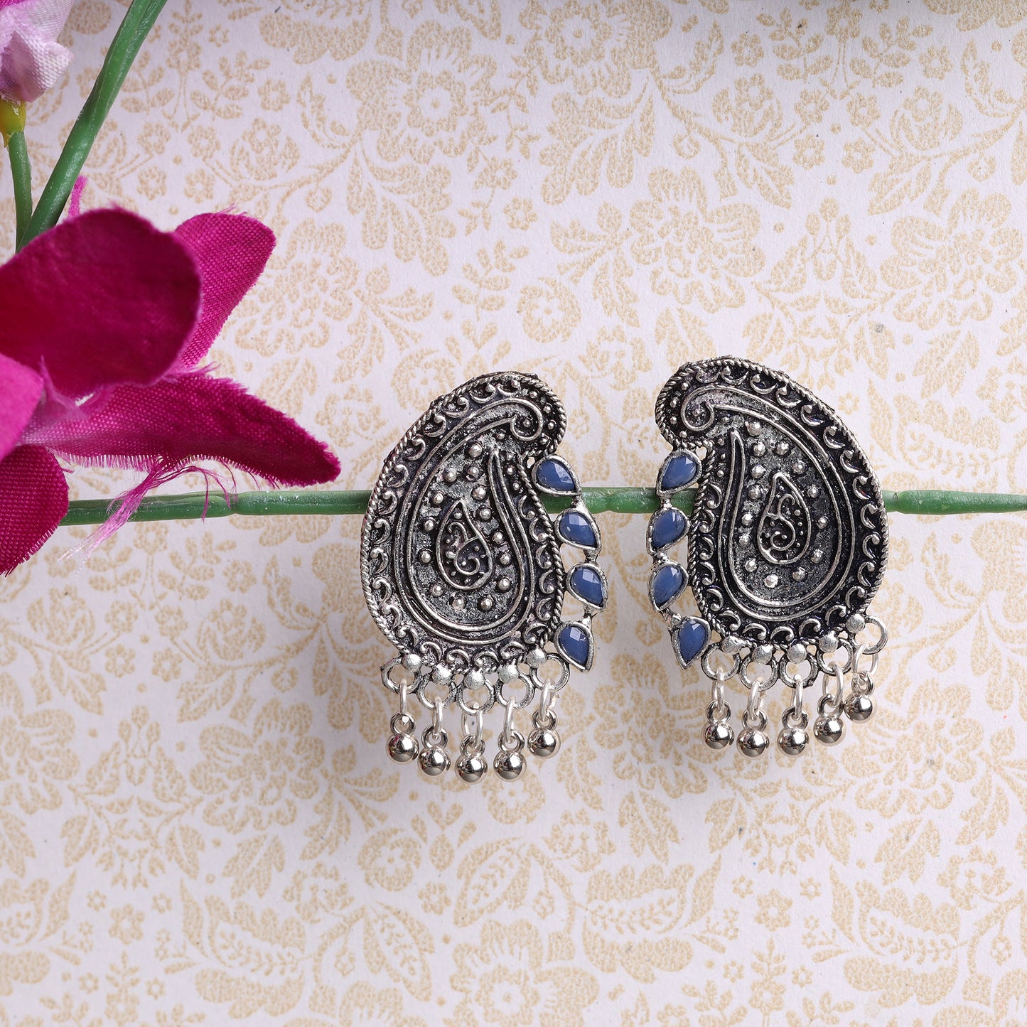 Blue Stone Studded Oxidised Earrings