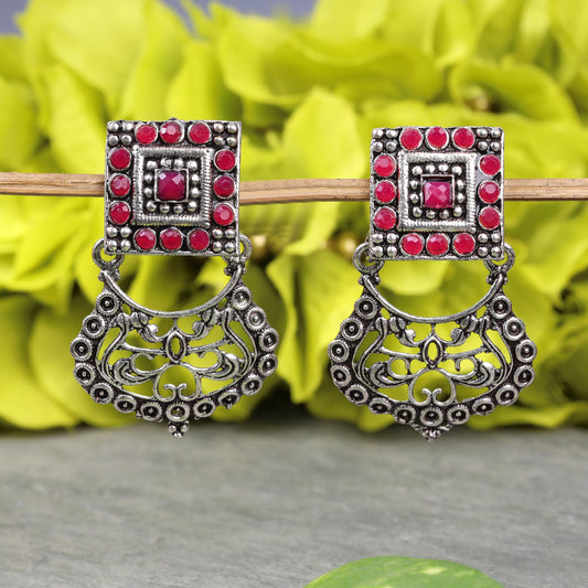 Red Stone Studded Oxidised Earrings