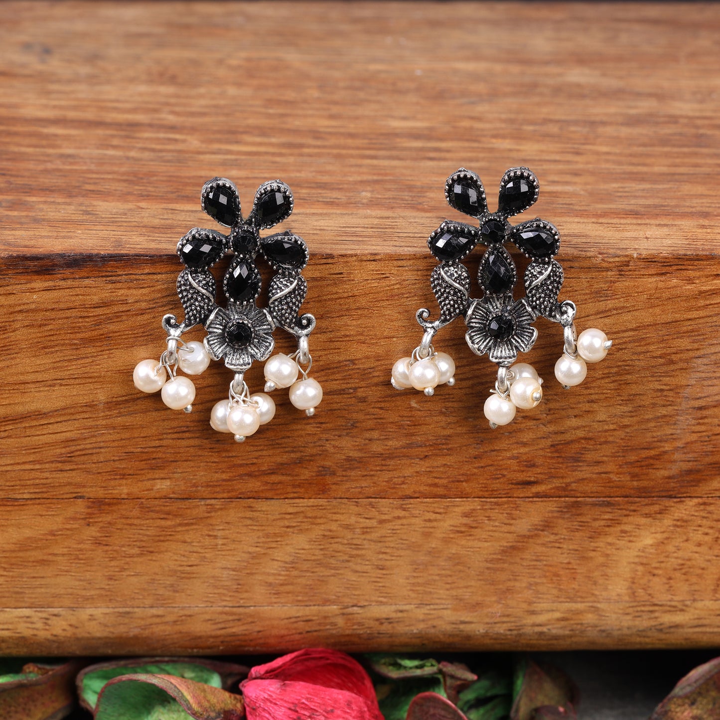 Black Stone Studded Oxidised Earrings With Hanging Pearls