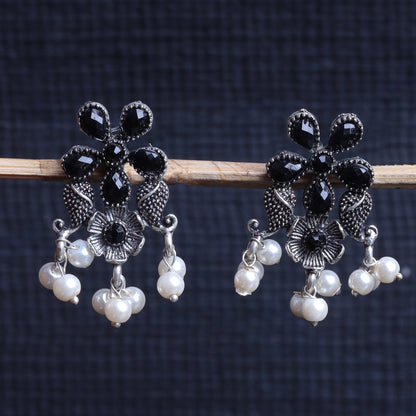 Black Stone Studded Oxidised Earrings With Hanging Pearls