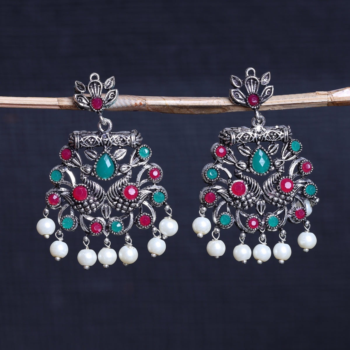 Multicoloured Stone Studded Danglers With Hanging Pearls – StylishKudi