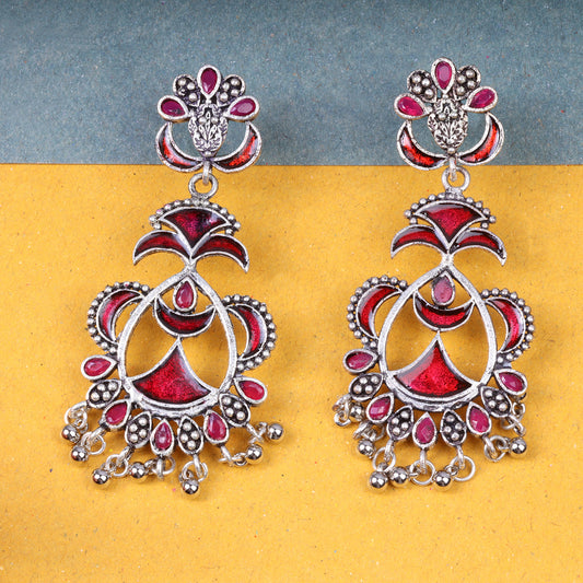 Red Meenakari Oxidised Danglers With Hanging Ghunghuroo