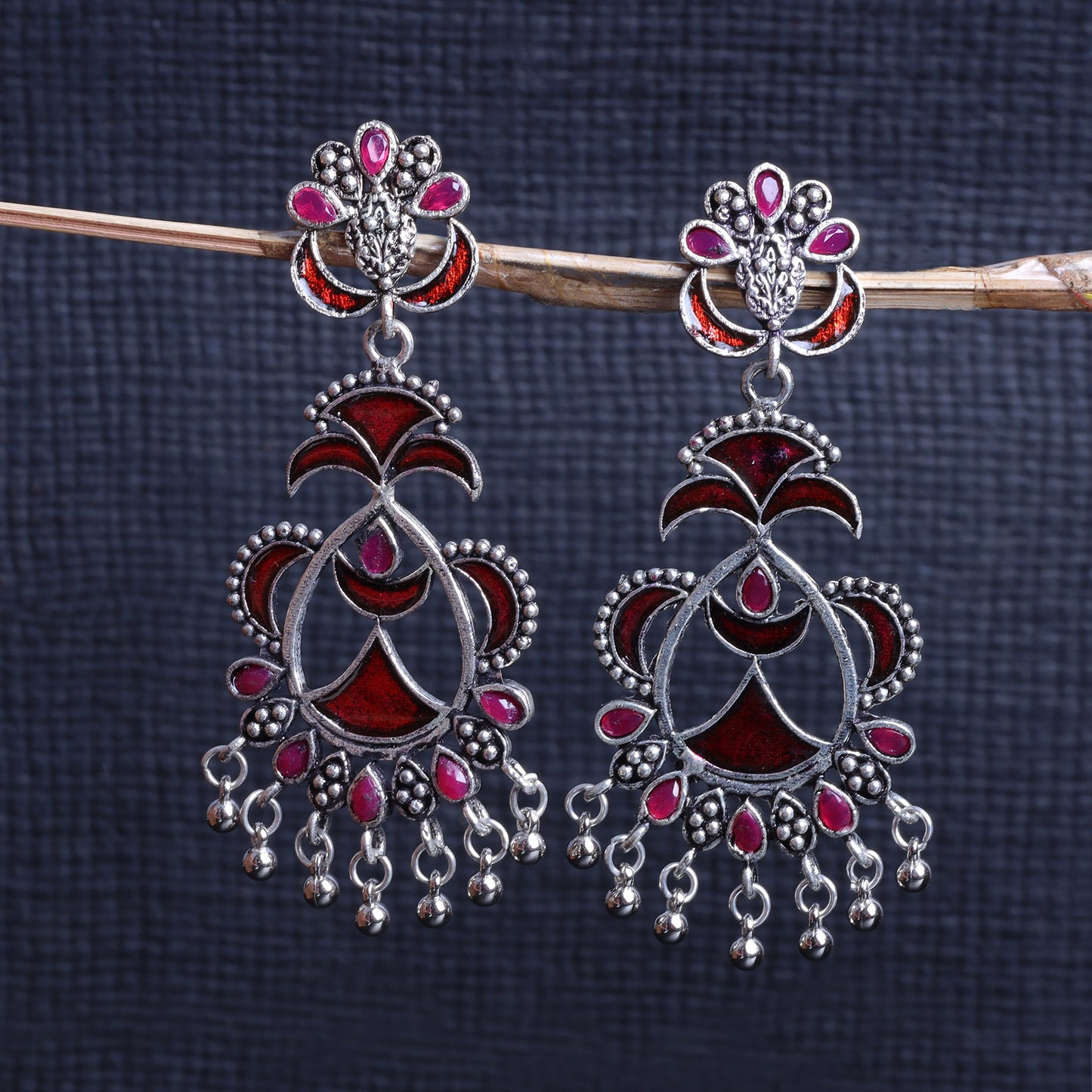 Red Meenakari Oxidised Danglers With Hanging Ghunghuroo