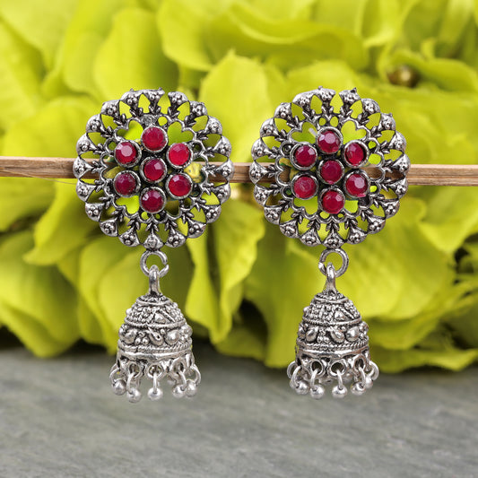 Red Stone Studded Oxidised Earrings With Hanging Jhumki