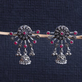 Red Stone Studded Semicircular Oxidised Earrings With Hanging Jhumki