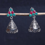 Multicoloured Stone Studded Conical Oxidised Dangler Earrings