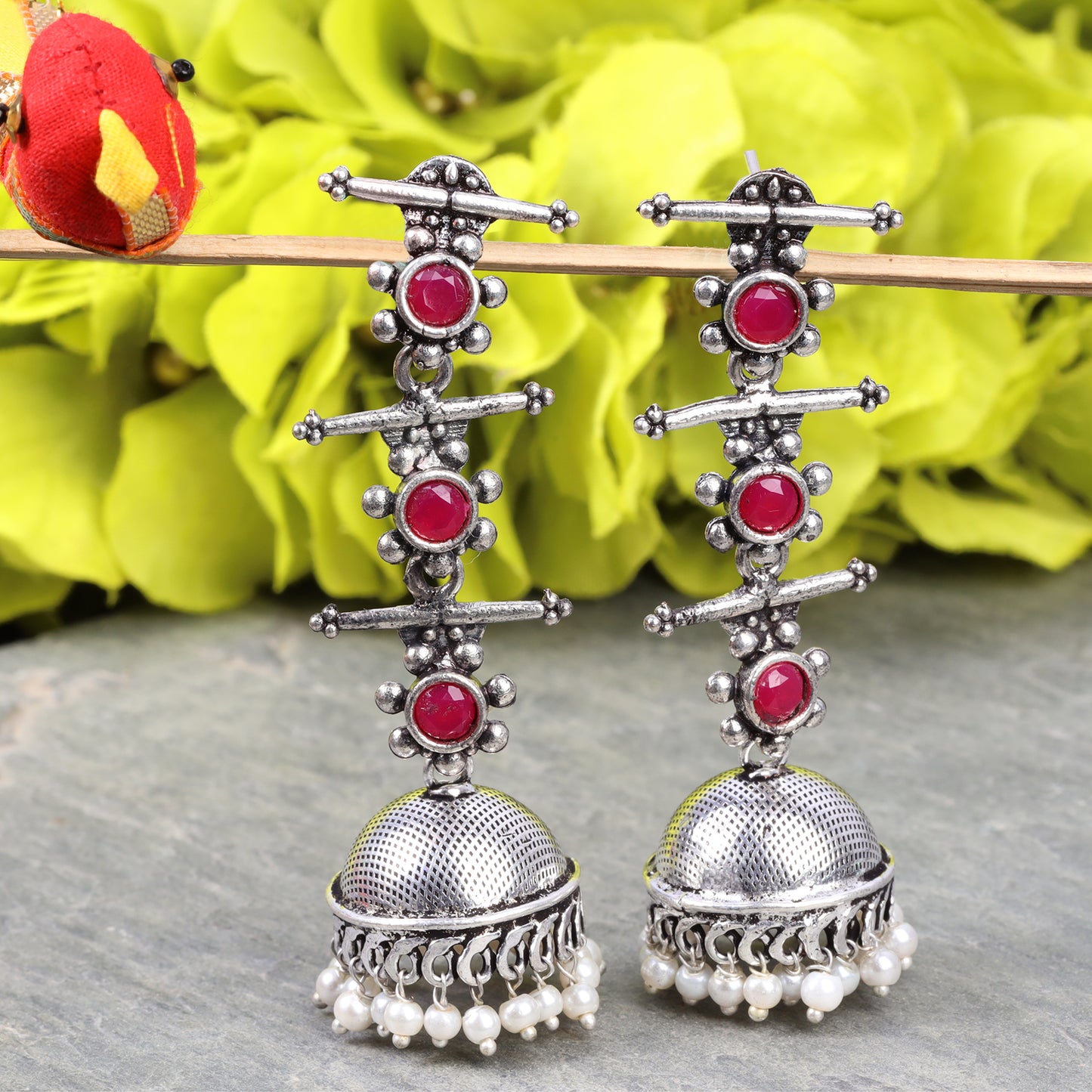 Red Stone Studded Triple Layered Jhumkas