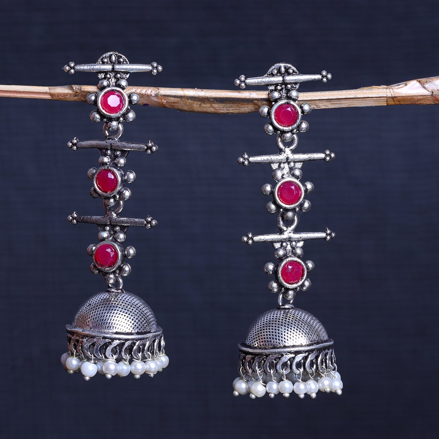 Red Stone Studded Triple Layered Jhumkas