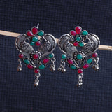 Multicolored Stone Studded Double Peacock Oxidised Earrings