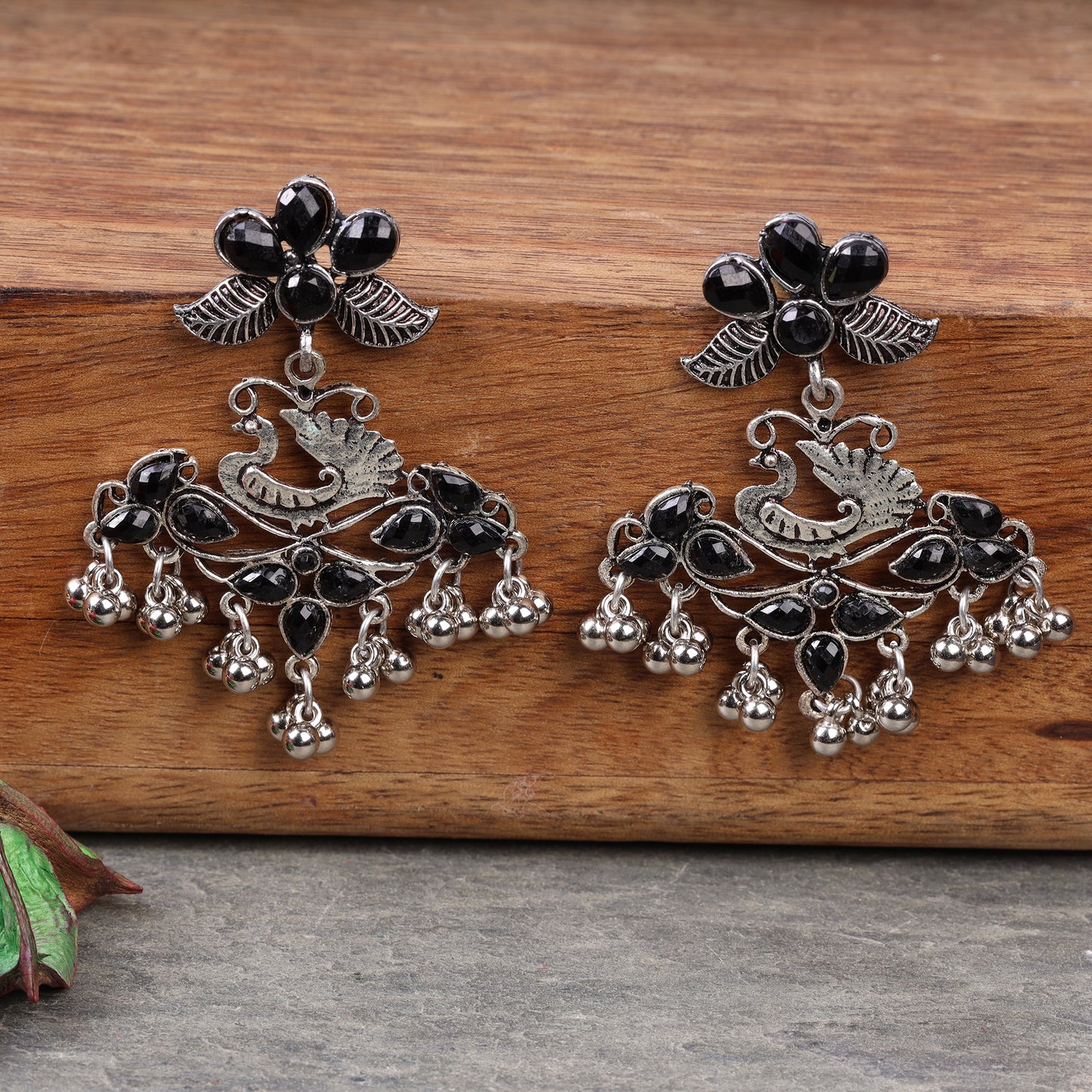 Black Stone Studded Peacock Motif Oxidised Earrings