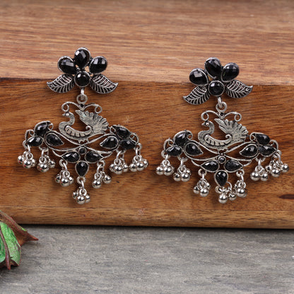 Black Stone Studded Peacock Motif Oxidised Earrings