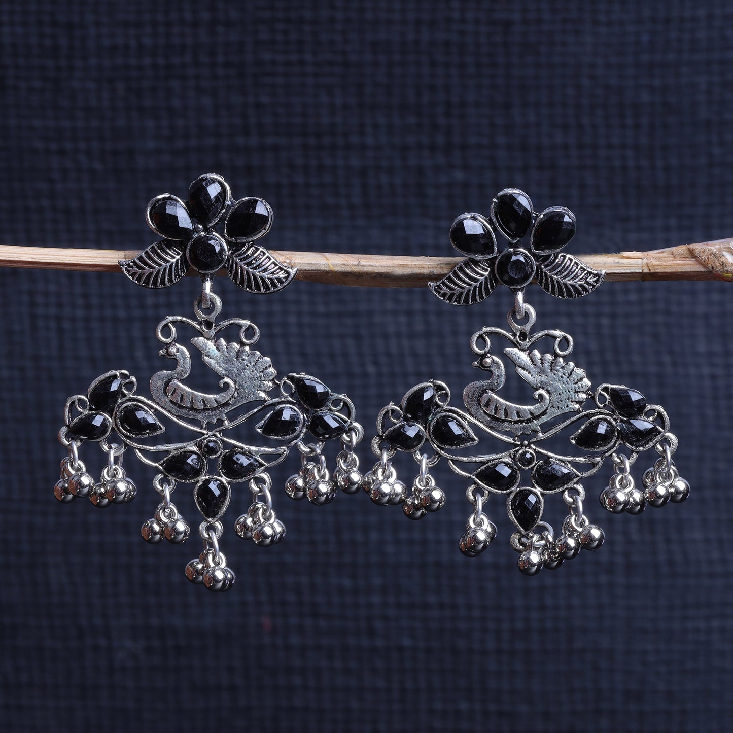 Black Stone Studded Peacock Motif Oxidised Earrings