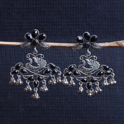 Black Stone Studded Peacock Motif Oxidised Earrings