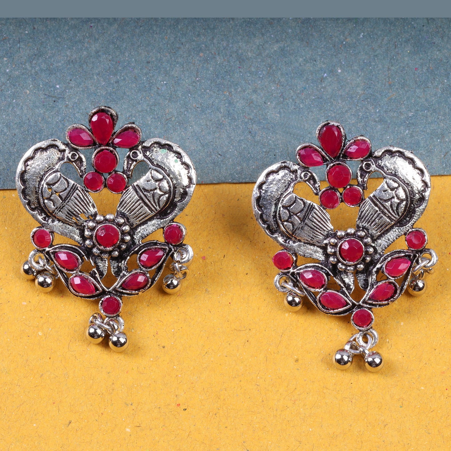 Red Stone Studded Oxidised Earrings