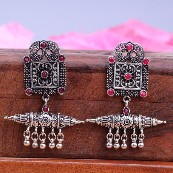 Red Stone Studded Oxidised Statement Earrings With Hanging Ghunghuroo