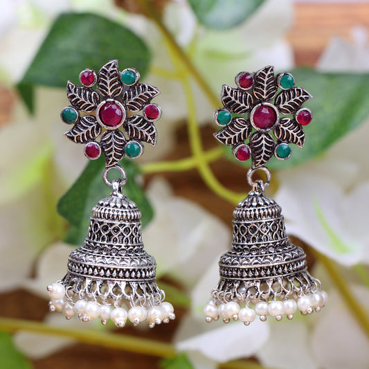 Multicolored Stone Studded Oxidised Earrings With Hanging Pearls