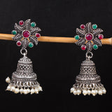 Multicolored Stone Studded Oxidised Earrings With Hanging Pearls